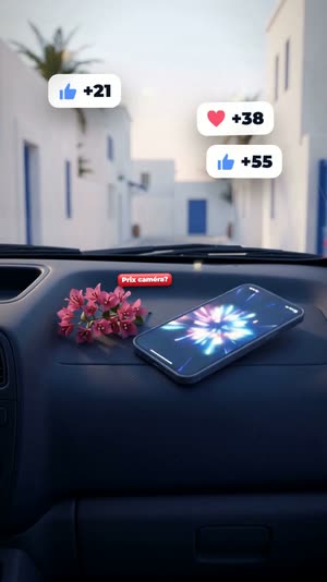 phone on the van dashboard buzzing; likes + «Prix caméra?» bubbles burst out