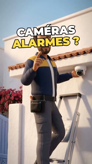 on the ladder, turns to camera; «CAMÉRAS · ALARMES ?»